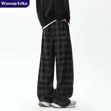 カジュアルチェック柄 メンズワイドレッグパンツ【夏用・レトロデザイン】