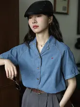高品質なブルー刺繍のデザインショート袖デニムシャツ【レディース・夏用・シンプル・ヴィンテージ風】