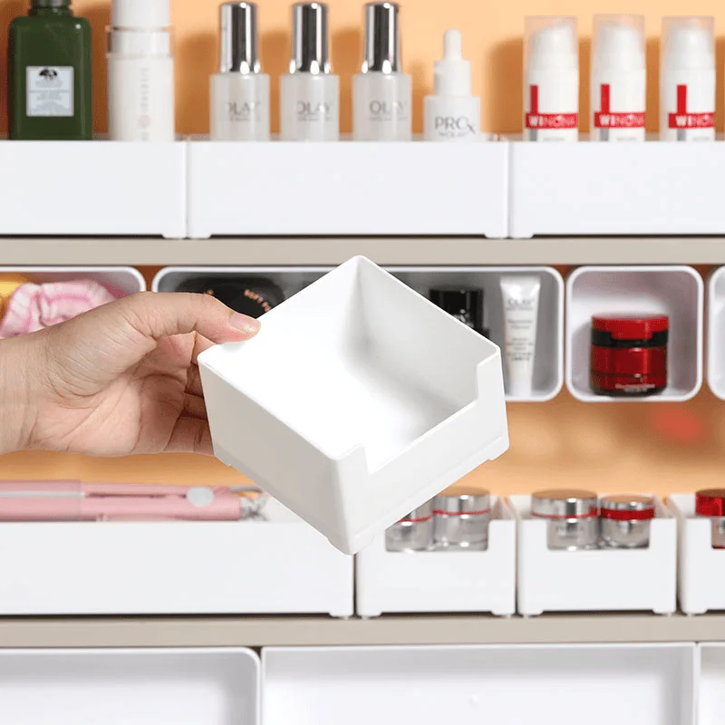 白色プラスチック製化粧品収納ボックス【バスルーム用・狭長タイプ】