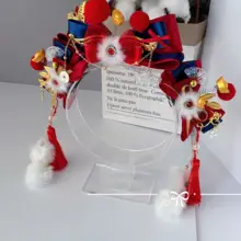 子供用 赤青色元宝飾り付きヘアクリップ【年中行事用・ロリータスタイル・毛玉・フリンジデザイン】