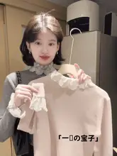 少女向けレース切替ニットセーター【秋冬用・ハイネック・インナーにも最適】