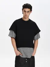 美式レトロストライプのジョイントデザイン半袖Tシャツ【ユニセックス・ゆったりシルエット・通勤向け】（セットアップ対応）