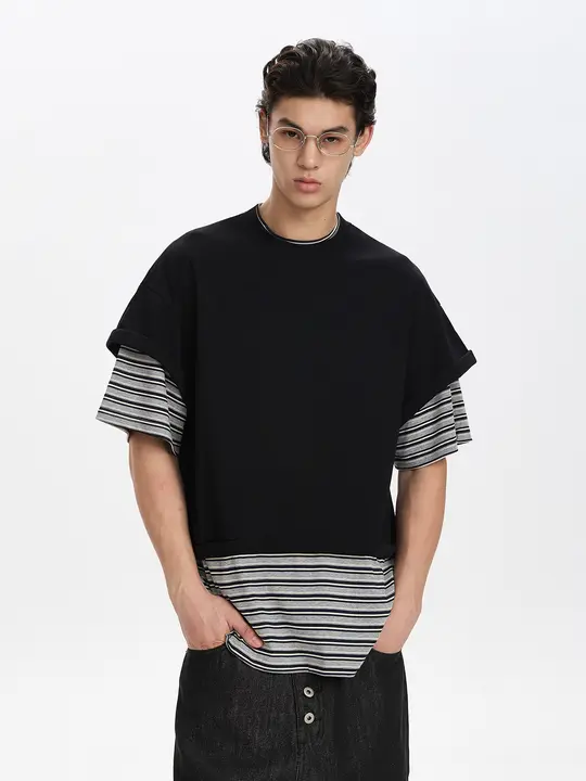 美式レトロストライプのジョイントデザイン半袖Tシャツ【ユニセックス・ゆったりシルエット・通勤向け】（セットアップ対応）