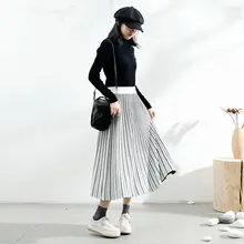 拾卡 ストライプニットスカート【秋冬用・中長丈・レトロ・プリーツ】