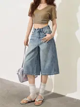 デニムパンツ レディース クロップド ハイウエスト ワイド ルーズ 着痩せ ブルー 夏