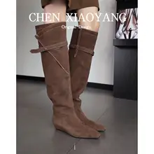 ロングブーツ レディース 本革 シワ加工 ルーズ ブラウン シークレットヒール ウエスタンブーツ カウボーイ デザイン性 韓流
