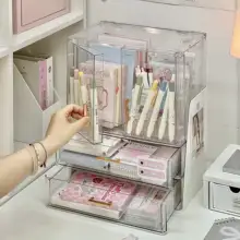 透明文具収納ボックス【大型・引き出し式・多機能ペン立て・デスクトップ用】