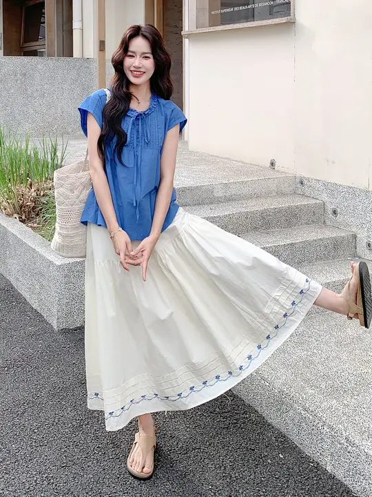青いショートスリーブトップスとロングスカート【夏用・カジュアル・文芸スタイル】（セットアップ対応）