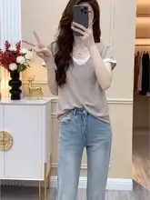 コットン製 偽二重構造の半袖Tシャツ【レディース・ゆったりシルエット・韓国風・大きいサイズ】（セットアップ対応）
