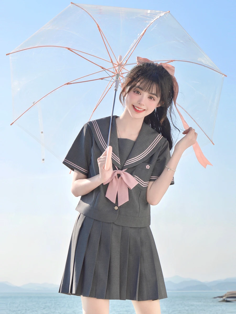 夏用短袖JK制服：日系风格のグレー・ピンク・セーラー風デザイン