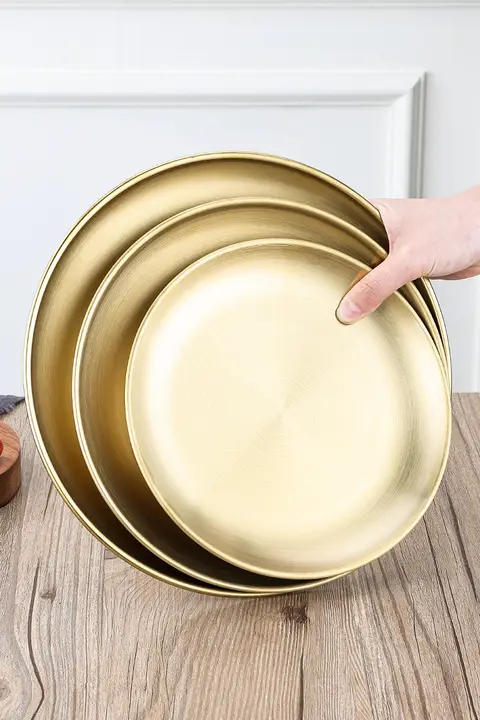 韓国風 ステンレススチール ゴールドラウンドディッシュ【厚手・フルーツプレート・ケーキプレート・浅い皿】