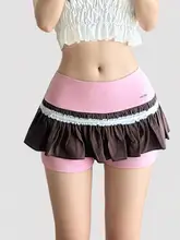 ピンクのカラーコンビネーション使用の低腰スカートパンツ【セクシーでキュートなデザイン・ショート丈】（セットアップ対応）