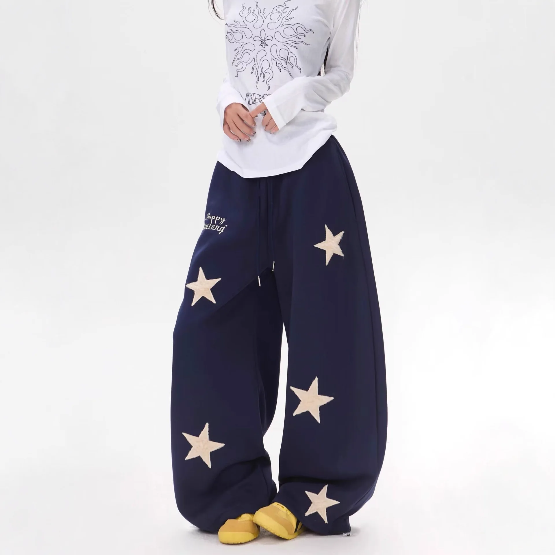 アメリカンレトロ 星刺繍入りカジュアルパンツ【ユニセックス・ストレート・ワイドレッグ・ジャズダンス用】