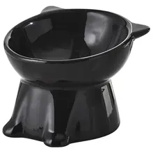 黒い猫用陶器食器【高脚・斜口・防打翻設計・ペット用】
