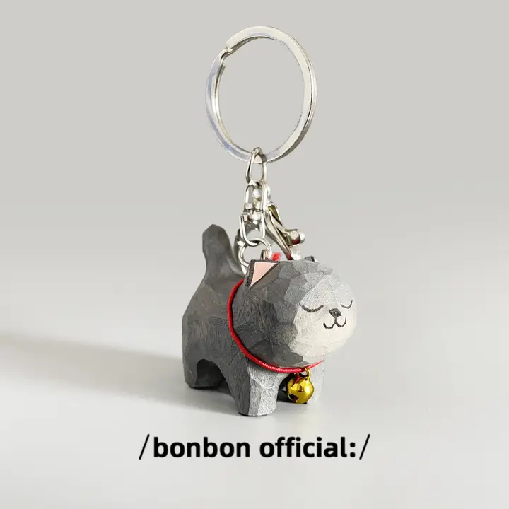 キーホルダー バッグチャーム ストラップ 木製 木彫り 猫 ブルー 可愛い 誕生日プレゼント