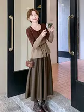 気品漂うグラデーショントップスとPUレザーハーフスカート【高級感・秋用】（セットアップ対応）