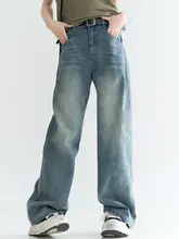 春秋用 ゆったりデザインのウォッシュ加工デニムパンツ【ストレート・カジュアル】