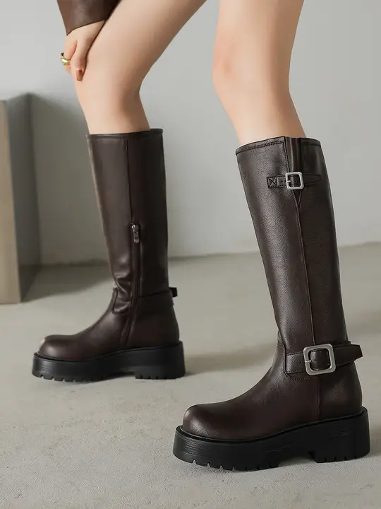 厚底高筒レザー長靴【秋冬向け・クラシックデザイン・ライディングブーツ】