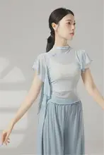 半高ネックリボン付き夏用短袖ダンスウェア【モダンダンス・中国舞・練習用・女性用・メッシュ素材】