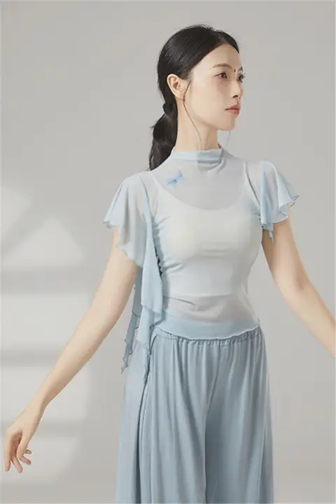 半高ネックリボン付き夏用短袖ダンスウェア【モダンダンス・中国舞・練習用・女性用・メッシュ素材】
