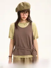 復古デザインの重ね着風キャミソールTシャツ【刺繍・カジュアル・ゆったり】（セットアップ対応）