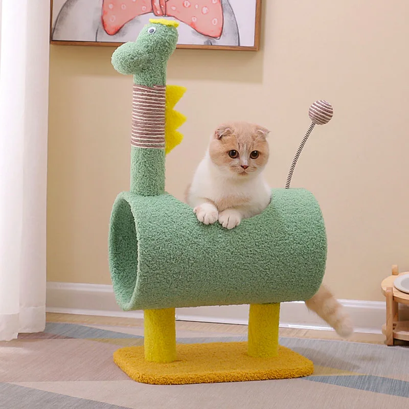 緑の恐竜デザインのスタンディングキャットタワー：コンパクトで機能的なキャットハウス一体型の実用性解析