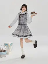 学院風のドーリーカラー偽二重ワンピース【改良デザイン・ラウンドネック・ ローウエスト】（セットアップ対応）