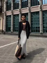 高腰フィッシュテールニットスカート【ウエストすっきり・小柄女性向け・フリンジデザイン・ロング丈】