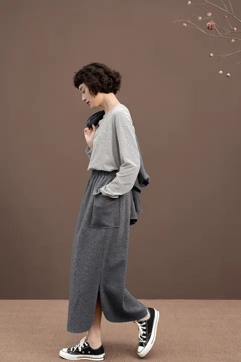 羊毛製ペンシルグレー秋用ハイウエストストレートスカート【曲線デザイン・柔らかな素材】