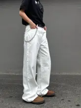高品質ライセールコットンデニムパンツ【メンズ・フィット・ワイドレッグ・透湿性・カップル用・ホワイト】