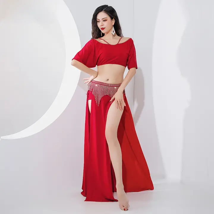 セクシーな軽奢さを感じるベリーダンス練習服【ストーン付きフリンジデザイン・女性用】（セットアップ対応）