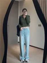 SELFSOLO デニムワイドパンツ【春用・浅い青・折り目デザイン】