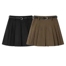 学院風レトロコーヒーカラーのプリーツスカート【ハイウエスト・Aライン・秋用】