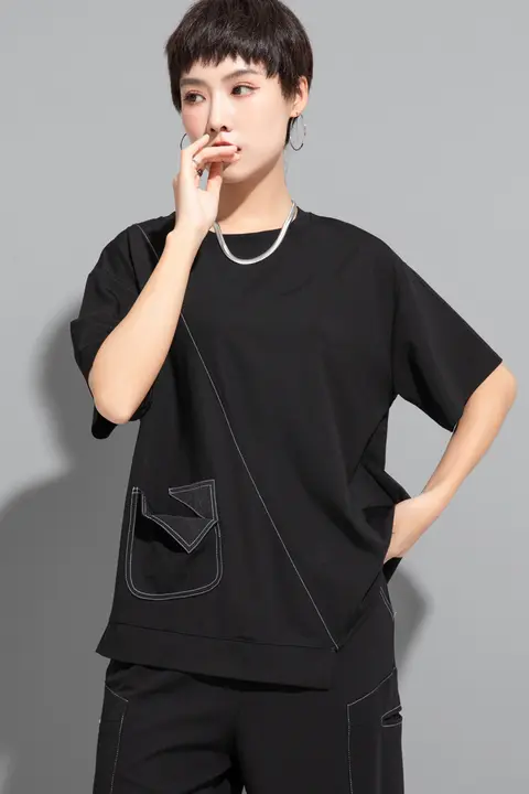 山本デザイン 夏用 レディースショートスリーブTシャツ【ダークカラー・ルーズフィット・アシンメトリー・大きいサイズ】