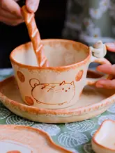猫デザインの陶器製コーヒーカップ【ハンドメイド・家庭用・オフィス用】