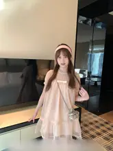 華やかなデザインのレースポケット付きチュニックドレス【春夏・ピンク・二重ネット生地】