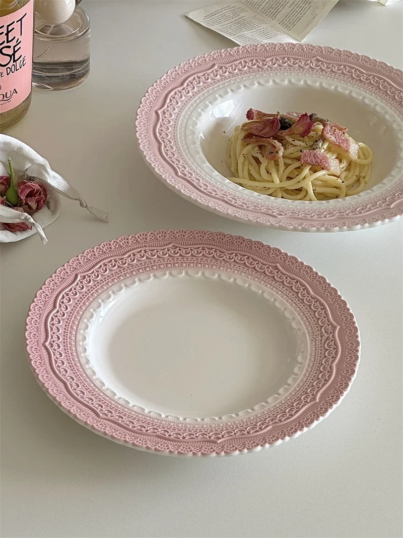 セラミックプレート パスタ デザート 繊細なレトロ ピンク レース エンボス