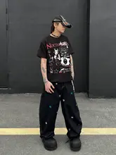 半袖Tシャツ ユニセックス アメカジ ヴィンテージ ダーク ハイストリート ブラック クロップド ワイドシルエット