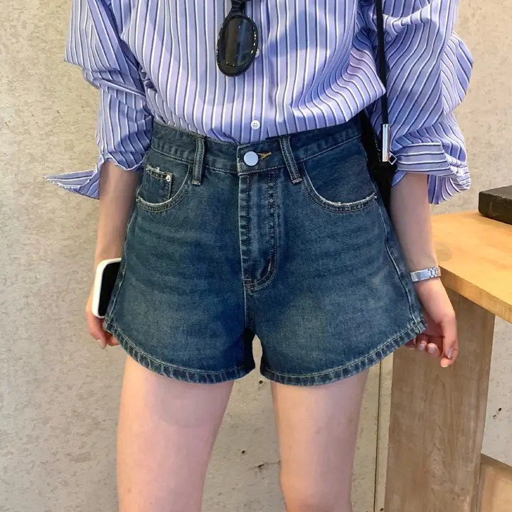 ハイウエストデニムショートパンツ【韓国風・レトロデザイン・春夏用】（セットアップ対応）