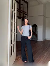 抽绳付きストレートカジュアルパンツ【高腰・スタイルアップ・ブラック】（セットアップ対応）