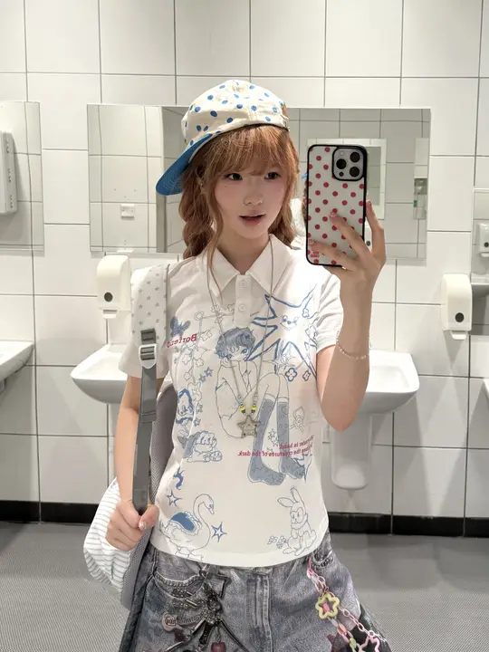 ポロネックTシャツ レディース 半袖 グラフィティ柄 ヴィンテージ Y2K 着痩せ 夏 「BeOurRule」