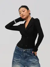 ダブルブレストのスーツカラーオールインワン【女性用・軽やかで高級感・ユニークデザイン】（セットアップ対応）