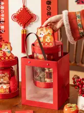 丸型バケツ クリア 手提げ付き お正月 迎春 午年 ギフト お菓子用 空ケース