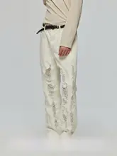 Simple Project 白色コットン製 ヴィンテージ感のあるダメージデザイン ストレートレッグカジュアルデニムパンツ