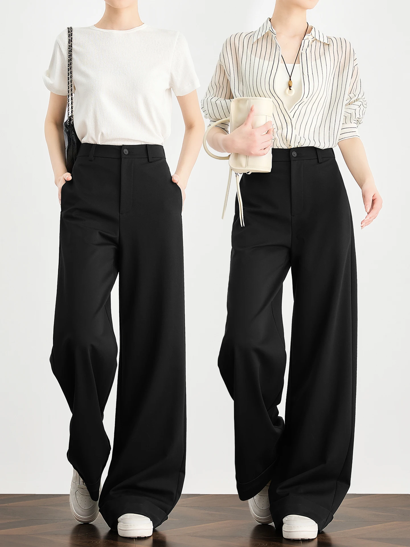 黒のテンセル製スーツパンツ：高腰・ドレープ感・ワイドレッグの日常通勤スタイル