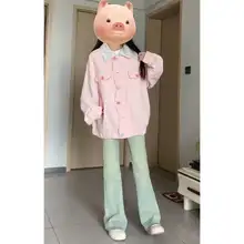 ピンクの小花柄デニムジャケット【春秋用・ゆったりデザイン・襟付き】（セットアップ対応）