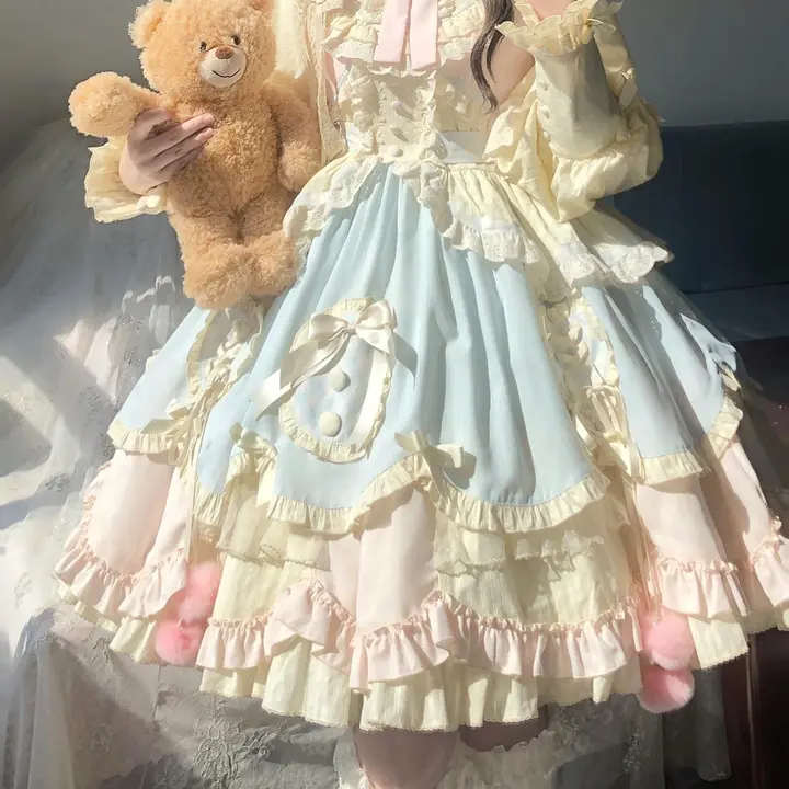 かわいらしいブルーピンクロリータワンピース【ショート丈・フリフリデザイン・学生向け】