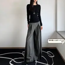 高身長向けグレーのワイドパンツ【ハイウエスト・ゆったり・カジュアル・超ロング】（セットアップ対応）