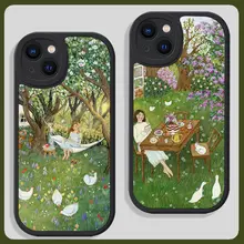 午後ティー風 文芸的 レトロデザインのスマートフォンケース【全面保護・シリコン製・衝撃吸収】