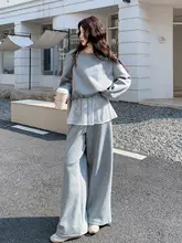 グレーの美しいレース刺繍デコレーションスウェットシャツ【秋用・高級感・ワイドパンツ・（セットアップ対応）】